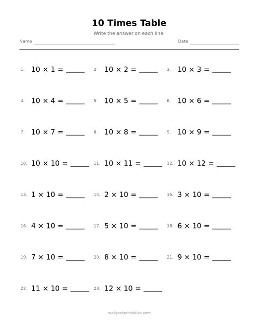 10 Times Table 06 — printable Multiplication math worksheet