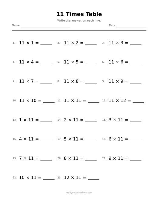 11 Times Table 05 — printable Multiplication math worksheet