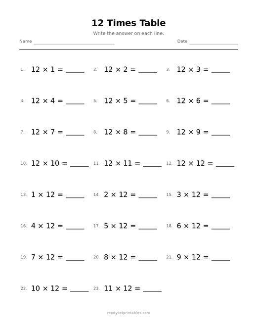 12 Times Table 04 — printable Multiplication math worksheet