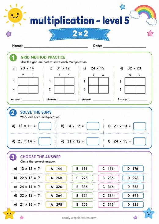 2 Digit by 2 Digit Multiplication Worksheet — printable Multiplication math worksheet