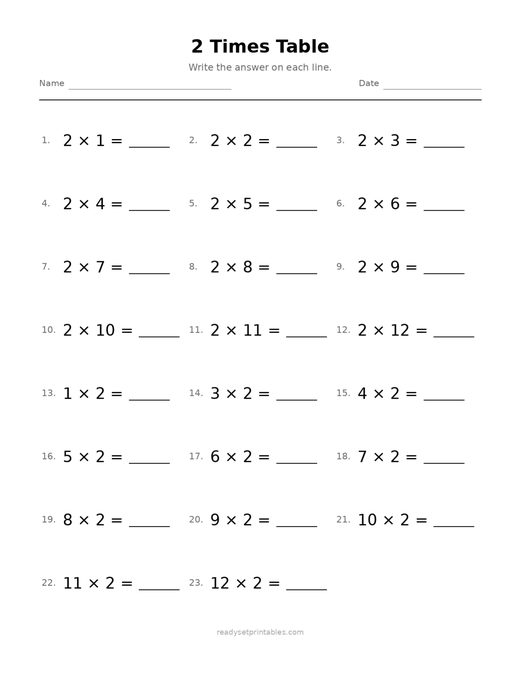 2 Times Table 02 — printable Multiplication math worksheet