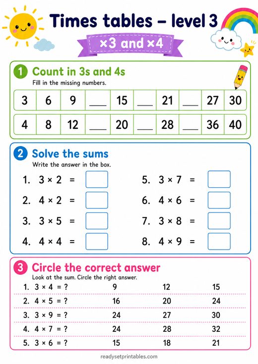 3 and 4 Times Tables Worksheet — printable Times Tables math worksheet