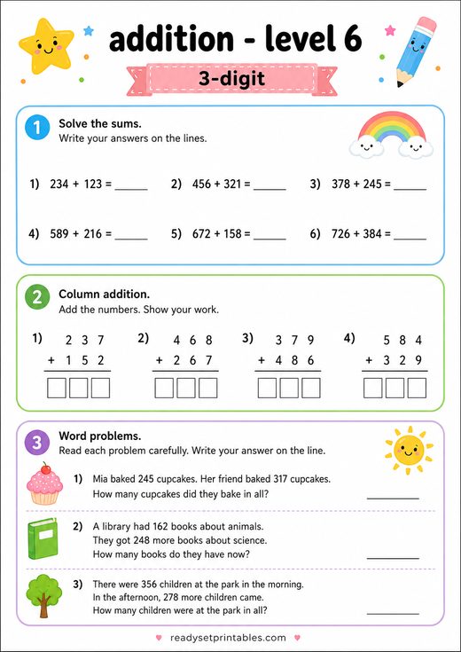 3 Digit Addition Worksheet — printable Addition math worksheet