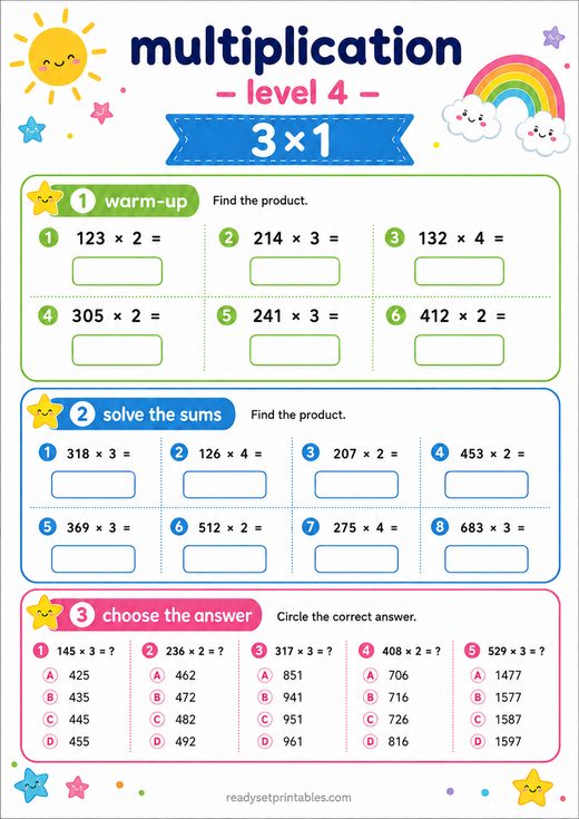 3 Digit by 1 Digit Multiplication Worksheet — printable Multiplication math worksheet