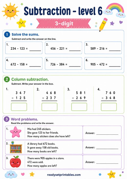 3 Digit Subtraction Worksheet — printable Subtraction math worksheet