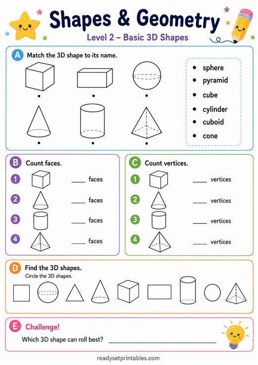 3D Shapes Worksheet — printable Shapes & Geometry math worksheet