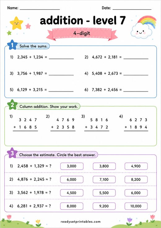 4 Digit Addition Worksheet — printable Addition math worksheet