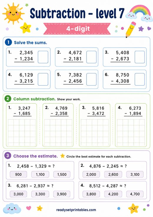 4 Digit Subtraction Worksheet — printable Subtraction math worksheet