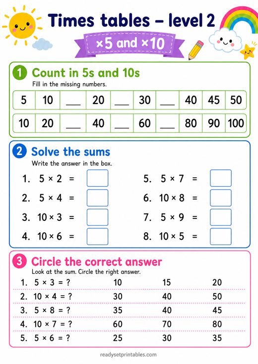 5 and 10 Times Tables Worksheet — printable Times Tables math worksheet