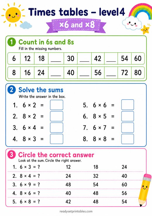 6 and 8 Times Tables Worksheet — printable Times Tables math worksheet