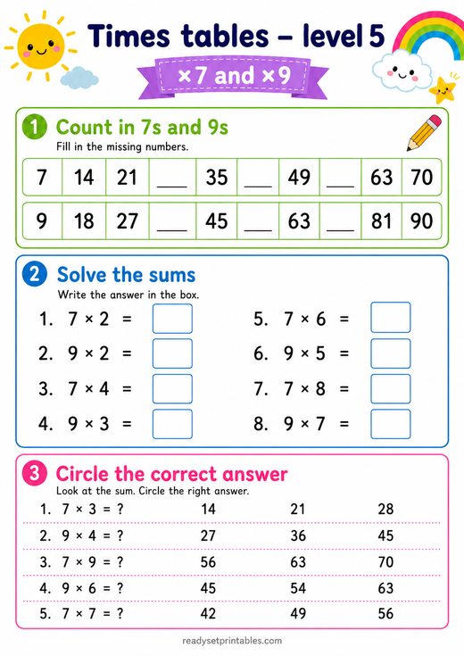 7 and 9 Times Tables Worksheet — printable Times Tables math worksheet