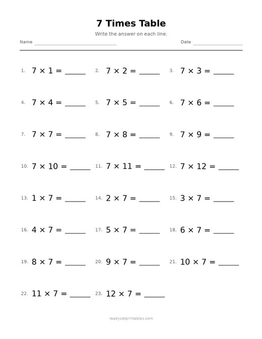 7 Times Table 04 — printable Multiplication math worksheet