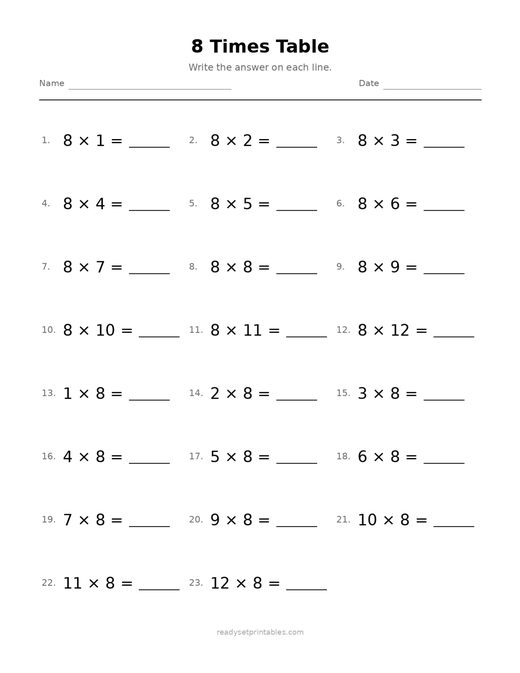 8 Times Table 05 — printable Multiplication math worksheet
