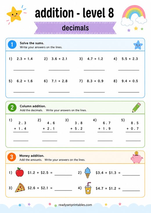 Adding Decimals Worksheet — printable Addition math worksheet