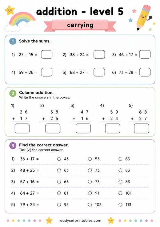 Addition with Regrouping Worksheet — printable Addition math worksheet