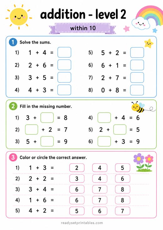 Addition Within 10 Worksheet — printable Addition math worksheet