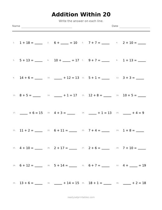 Addition Within 20 Worksheets
