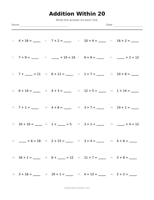 Addition Within 20 02 — printable Addition math worksheet