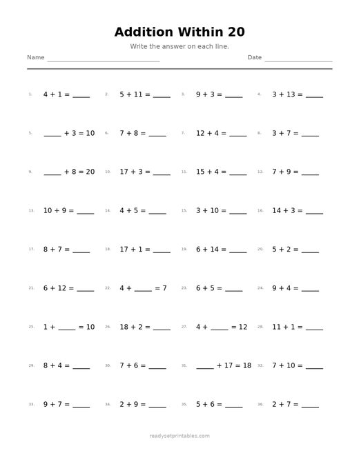 Addition Within 20 03 — printable Addition math worksheet