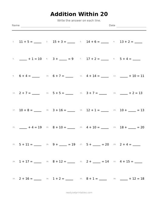 Addition Within 20 04 — printable Addition math worksheet