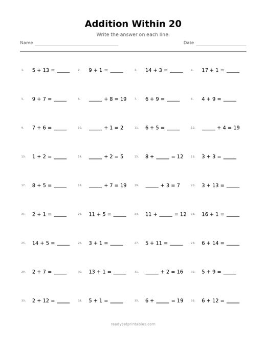 Addition Within 20 05 — printable Addition math worksheet
