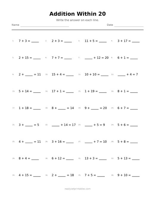 Addition Within 20 06 — printable Addition math worksheet