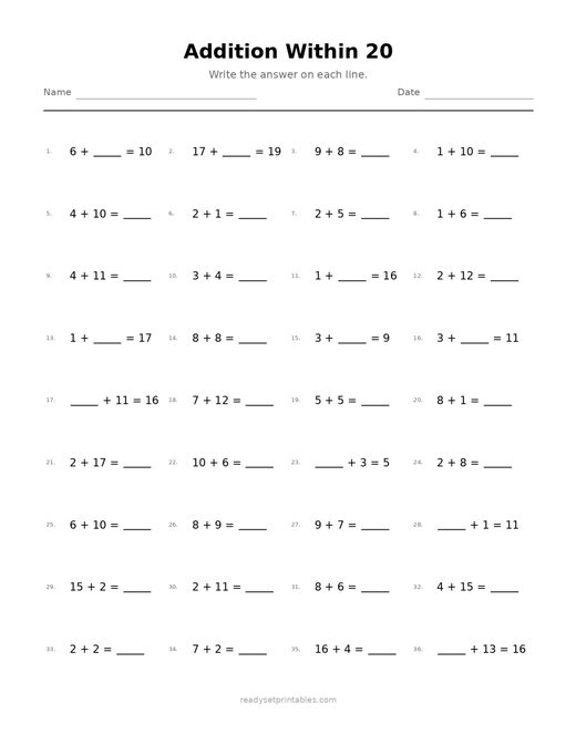 Addition Within 20 07 — printable Addition math worksheet