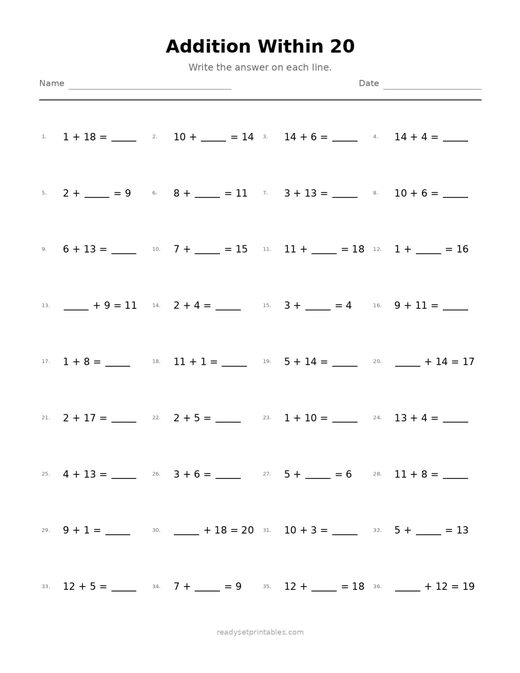 Addition Within 20 08 — printable Addition math worksheet