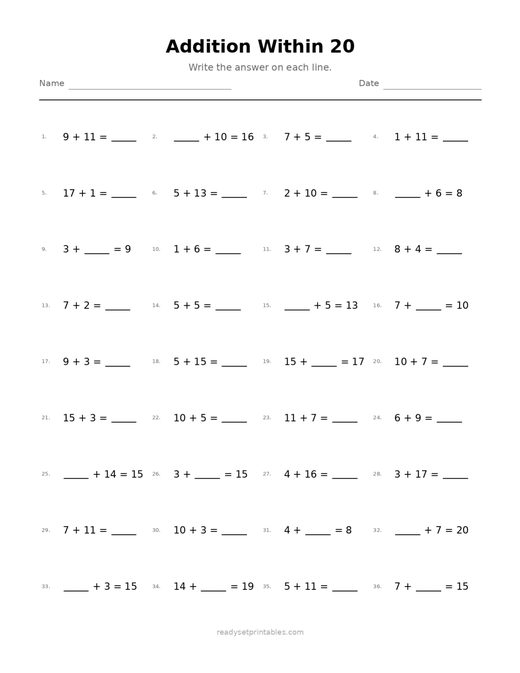 Addition Within 20 09 — printable Addition math worksheet