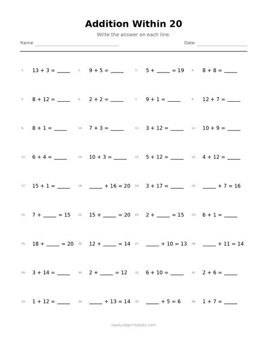 Addition Within 20 10 — printable Addition math worksheet
