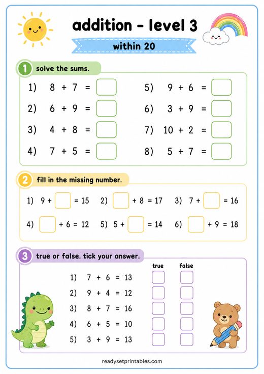Addition Within 20 Worksheet — printable Addition math worksheet