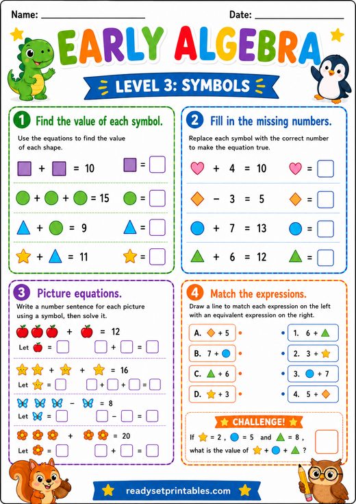 Algebra Symbols Worksheet — printable Early Algebra math worksheet