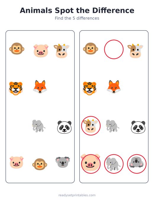 Animals spot the difference answer key — free printable for kids