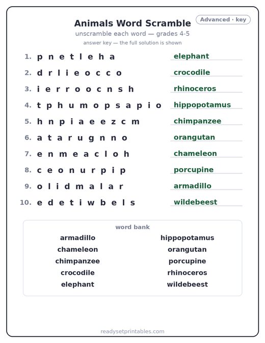 Animals word scramble puzzle, advanced answer key — free printable