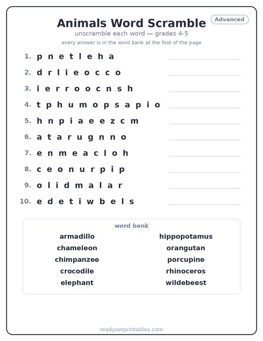 Animals word scramble puzzle, advanced — free printable