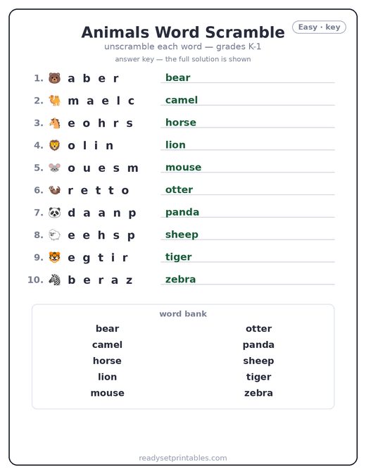 Animals word scramble puzzle, easy answer key — free printable