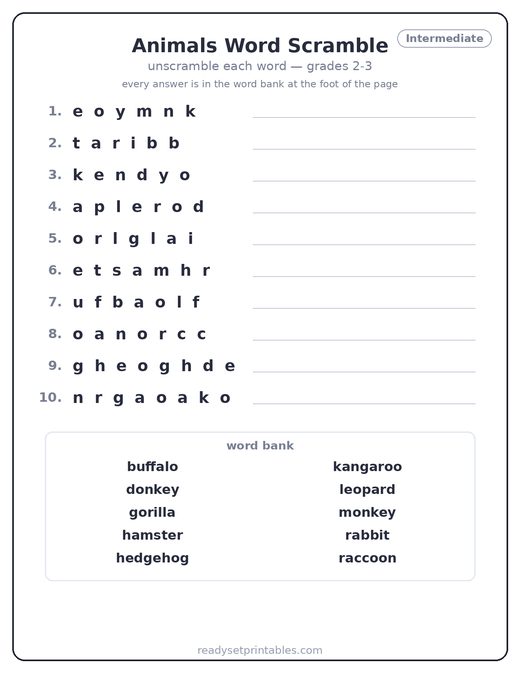 Animals word scramble puzzle, intermediate — free printable