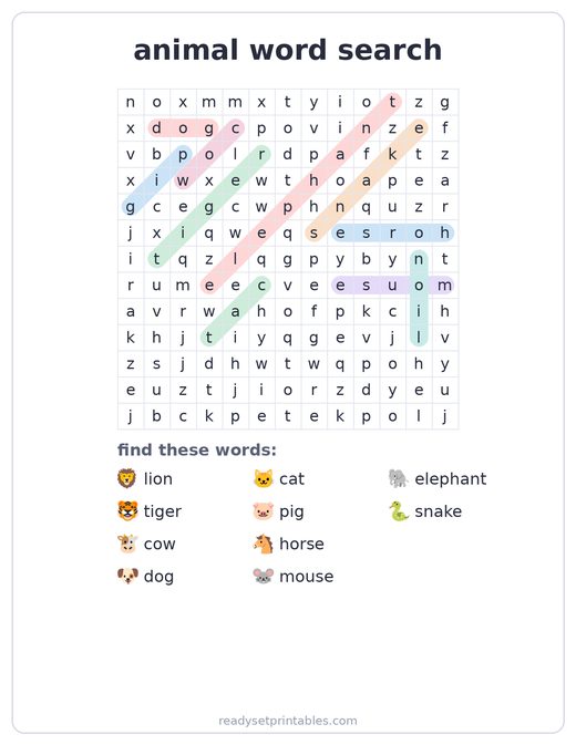 Animals word search answer key — free printable for kids