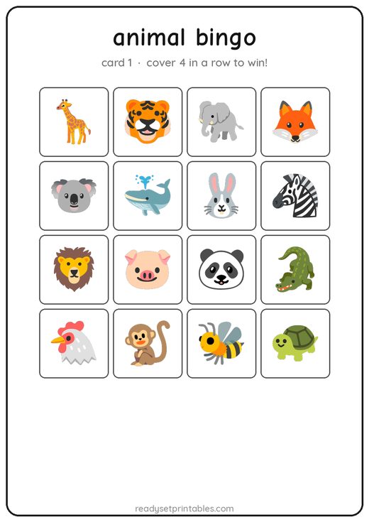 Animal bingo card — free printable