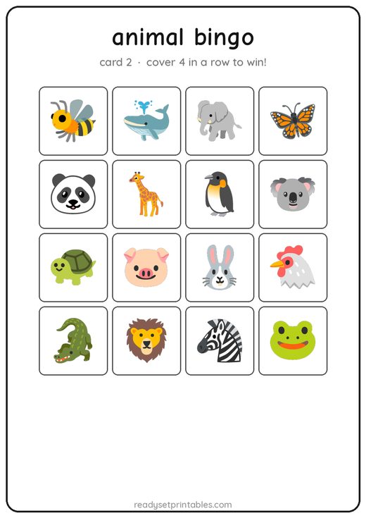 Animal bingo card — free printable