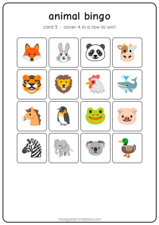 Animal bingo card — free printable