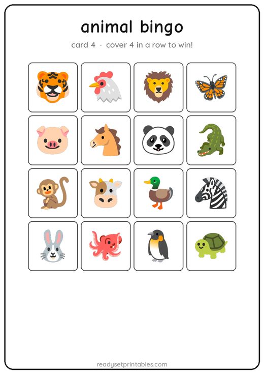 Animal bingo card — free printable