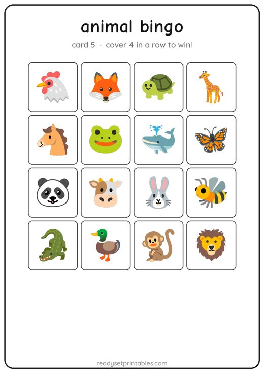 Animal bingo card — free printable