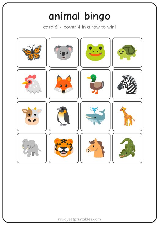 Animal bingo card — free printable