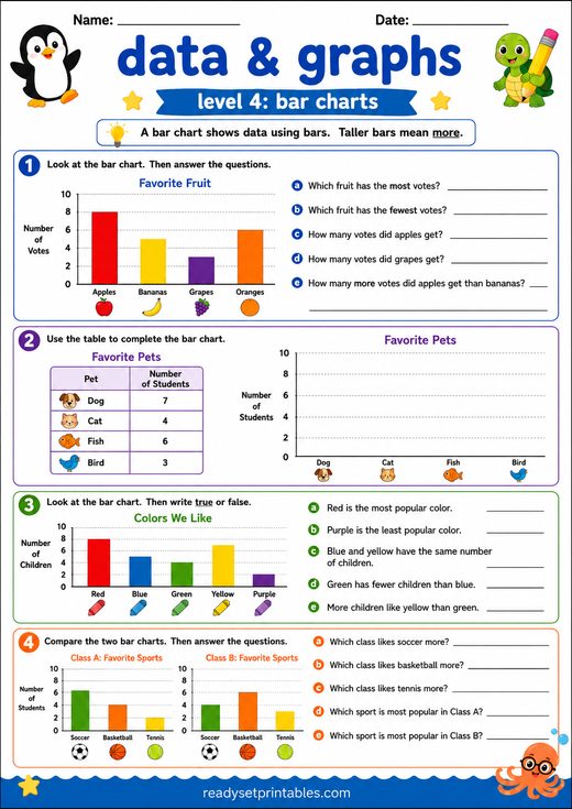 Bar Charts Worksheet — printable Data & Graphs math worksheet