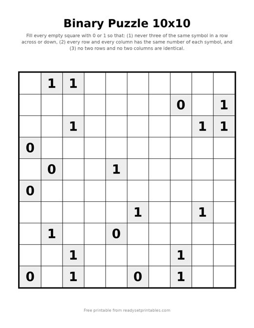Binary Puzzles 10x10 Hard 02