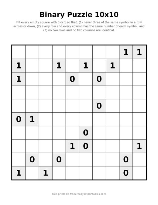 Binary Puzzles 10x10 Hard 06