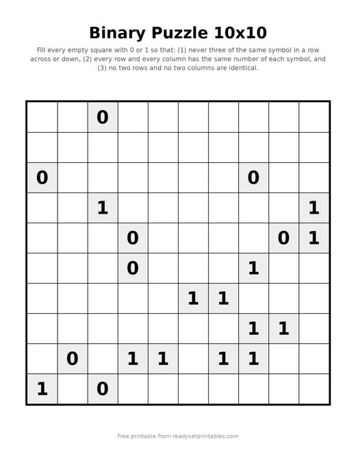Binary Puzzles 10x10 Hard 07