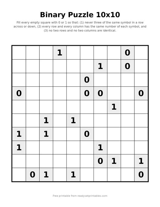 Binary Puzzles 10x10 Hard 09