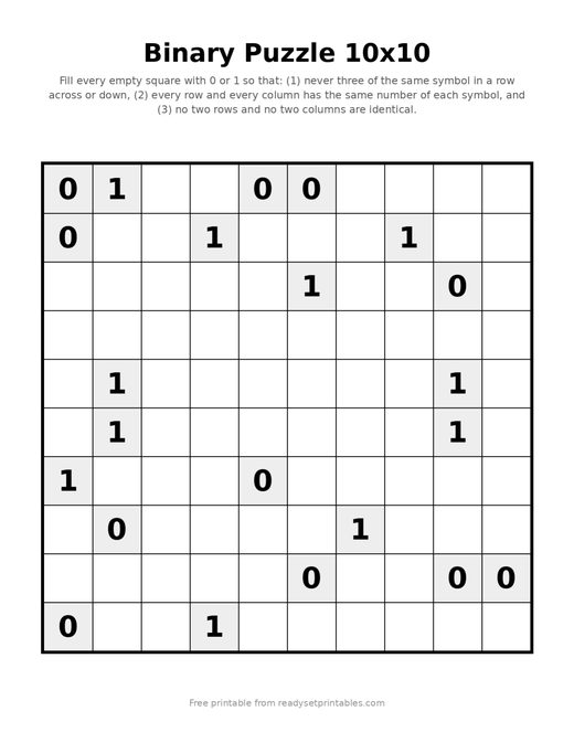 Binary Puzzles 10x10 Hard 10